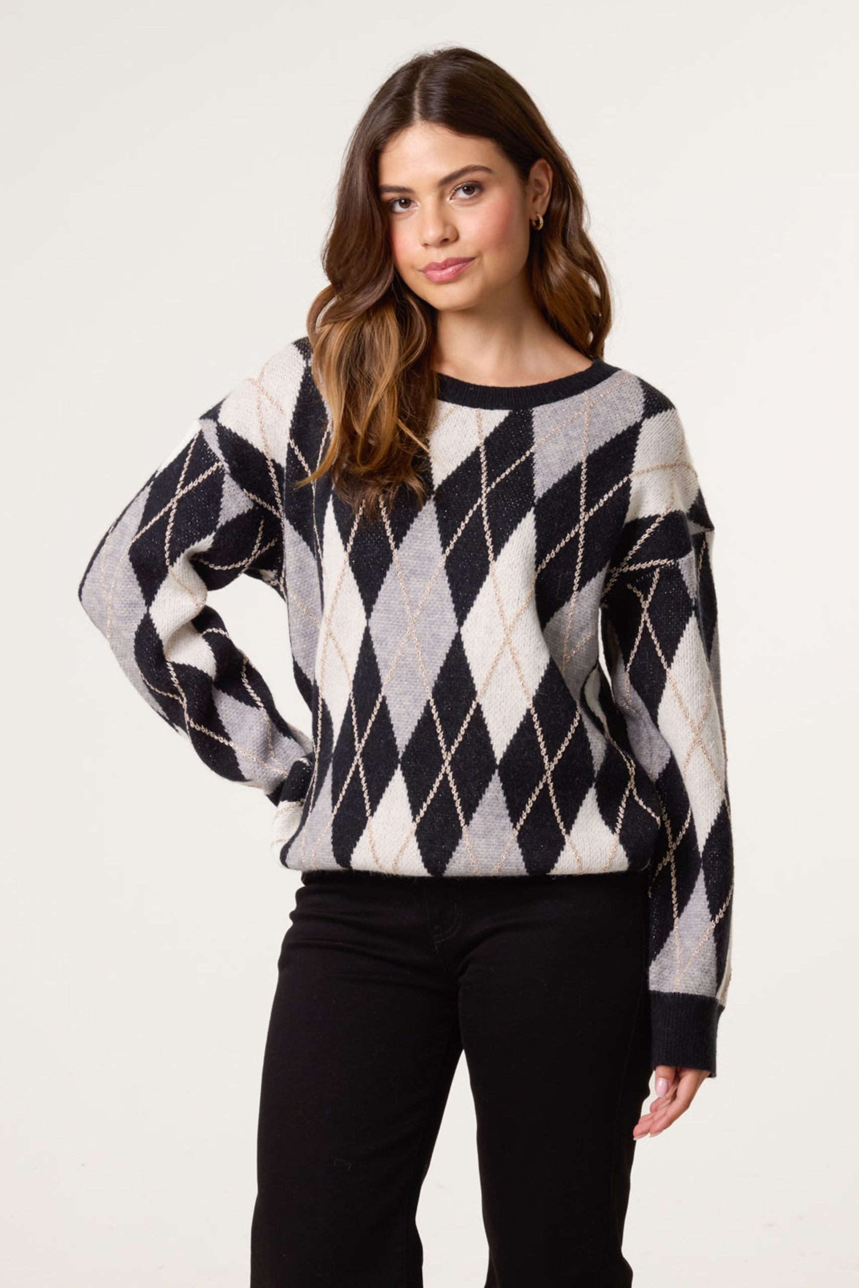 Black Argyle-Patterned Knit Jumper
