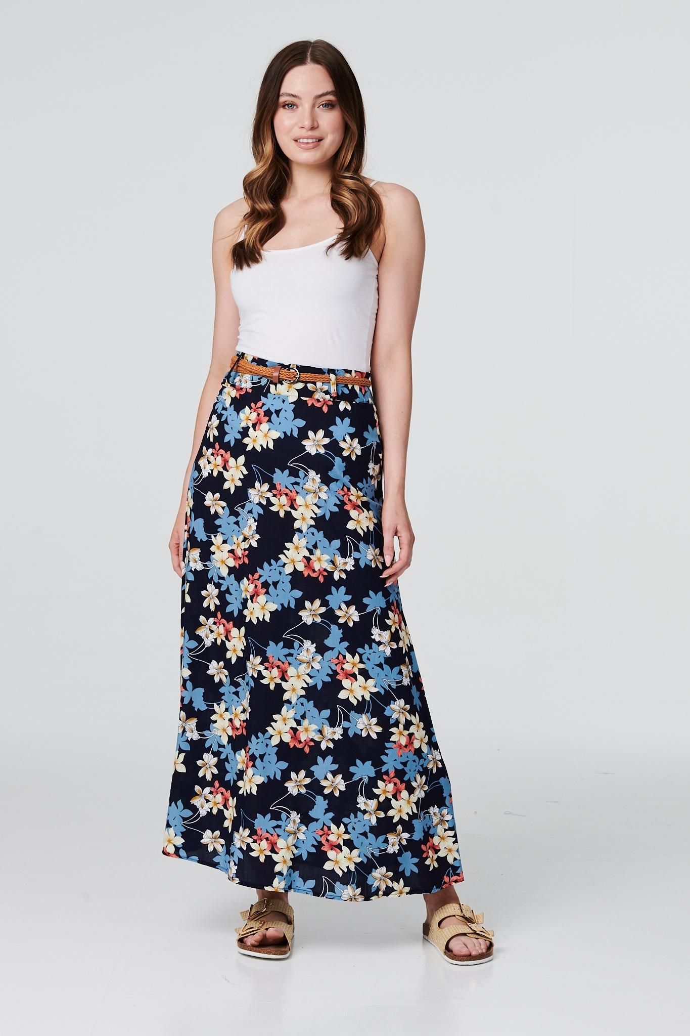 Floral Belted A-Line Maxi Skirt