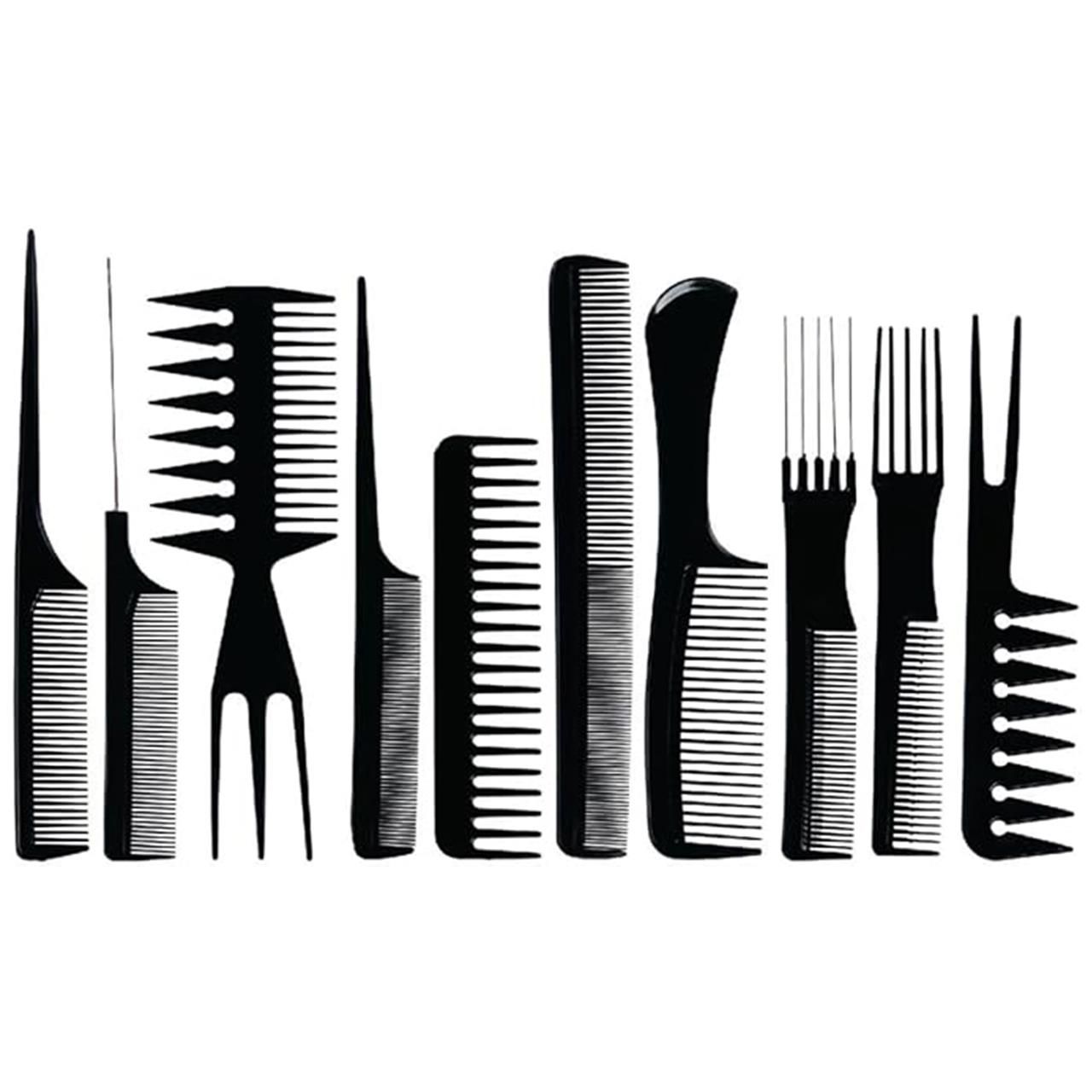 10 Piece Comb Set - Black Plastic Hairstyling Tools 15 - 23cm Long