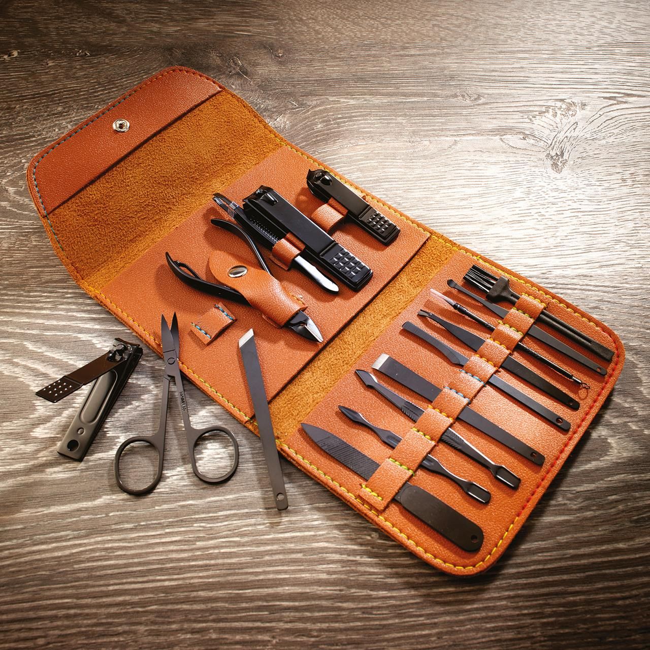 17pc Manicure or Pedicure Tool Set with Brown Faux Leather Wallet