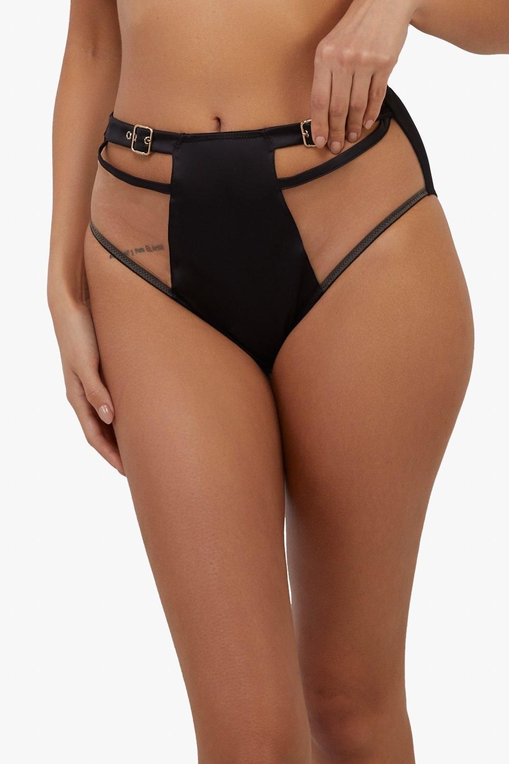 Alessia Black Satin & Illusion Mesh Buckled Highwaist Brief