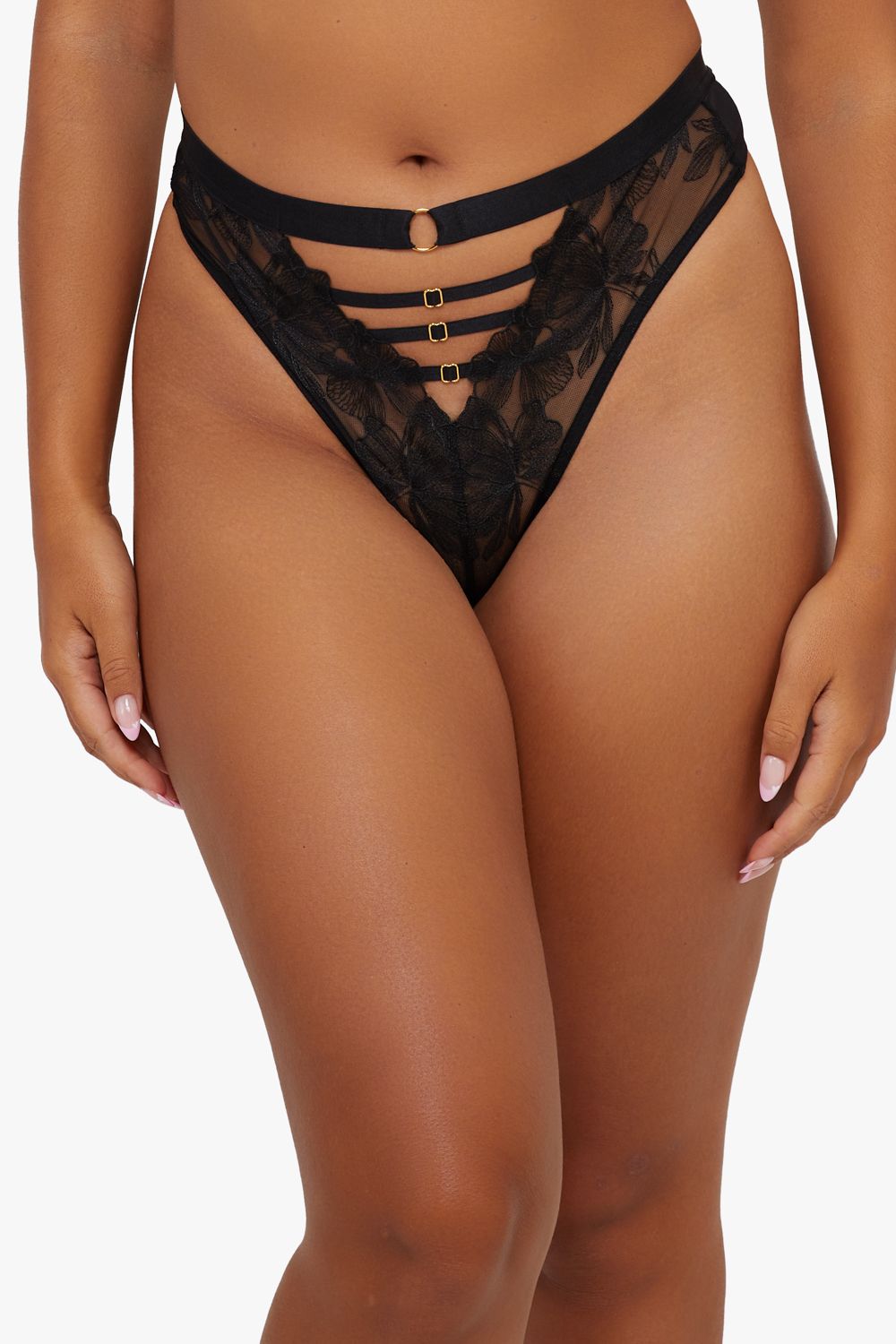 Eleanor Black Strappy Embroidery High Waist Thong