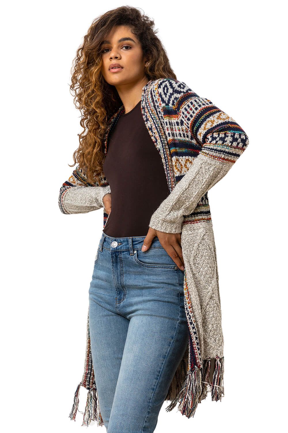 Aztec Print Tassel Hem Longline Cardigan