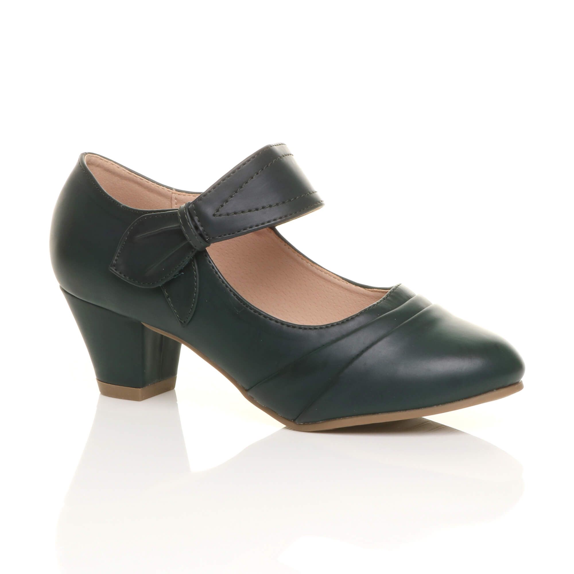 Mid Block Heel Comfort Mary Jane Faux Leather Court Shoes