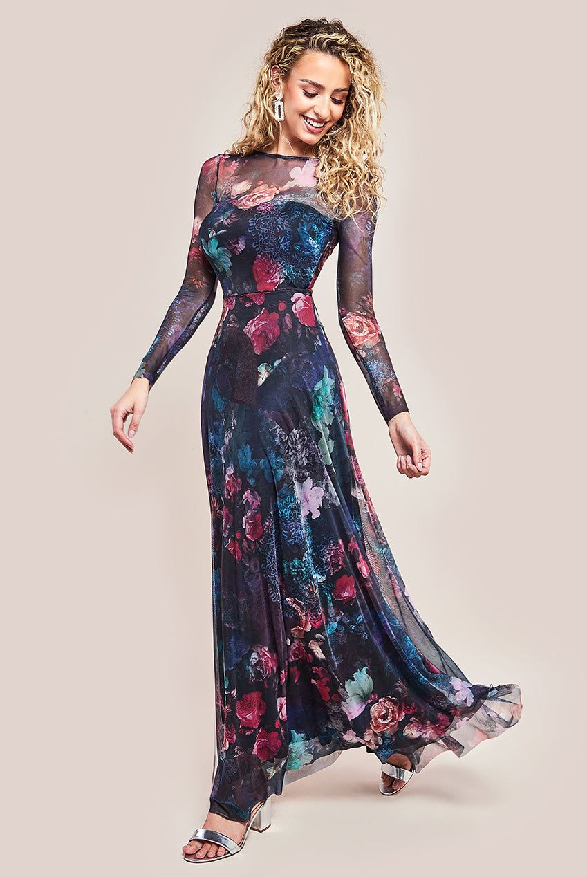 Printed Soft Mesh A Line Maxi Dress