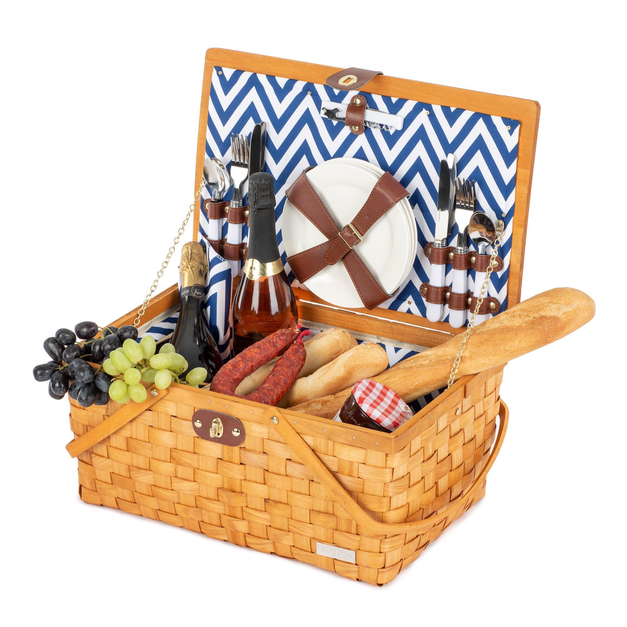 Luxury Fitted Picnic Hamper Basket - 4 Person Basket with Cutlery Set