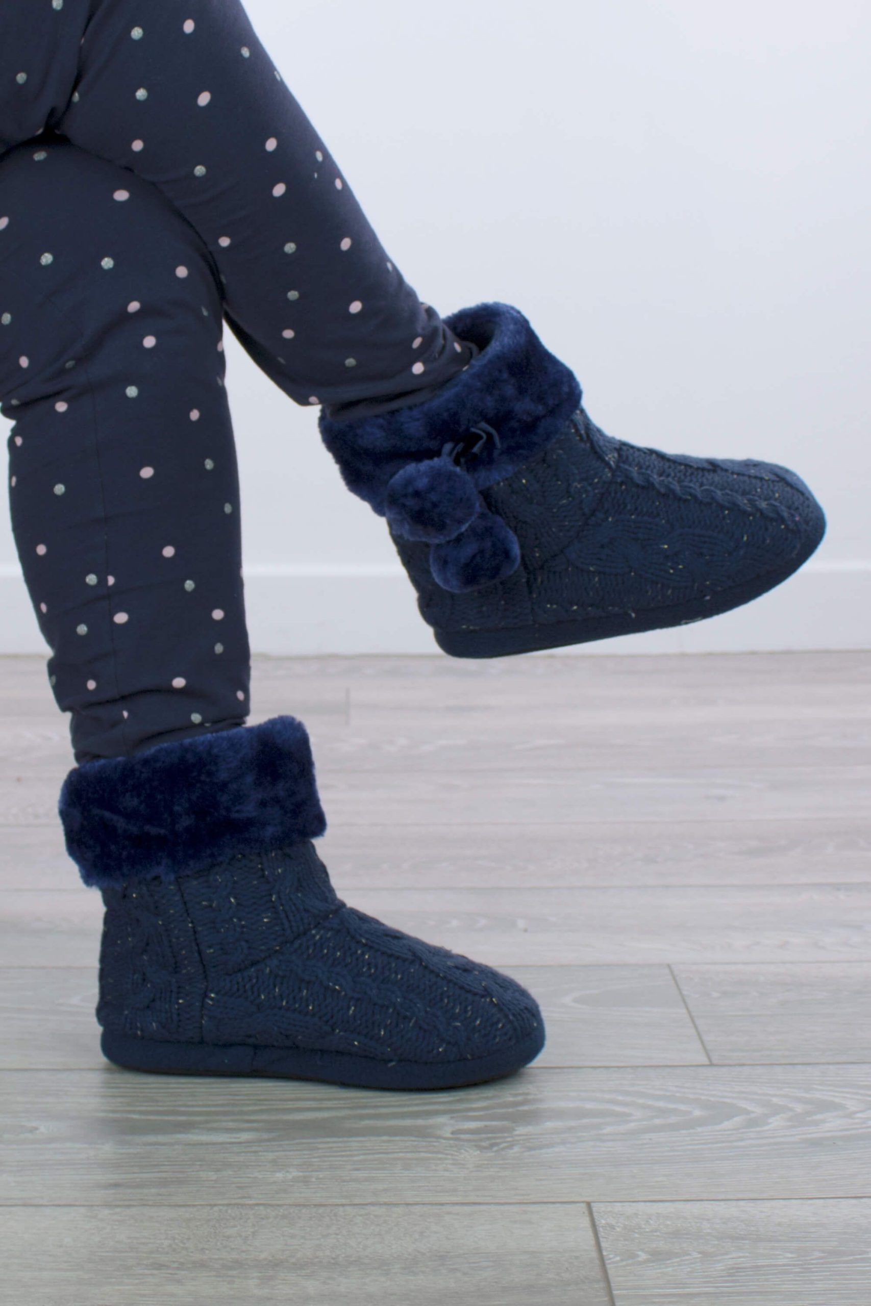 Heel Glitter Cable Knit Pom Pom Ankle Boots Slippers