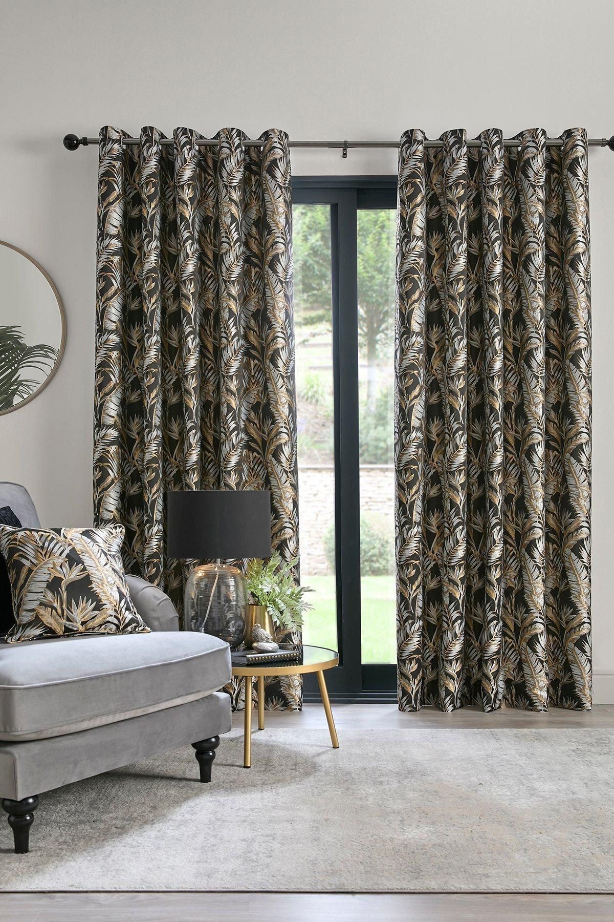 'Paradise Palm' Jacquard Palm Leaf Pair of Eyelet Curtains