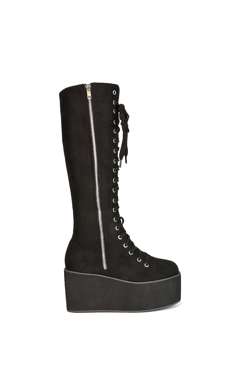 'Kalani' Platform Knee High Boots Lace Up Goth With Deco Zip