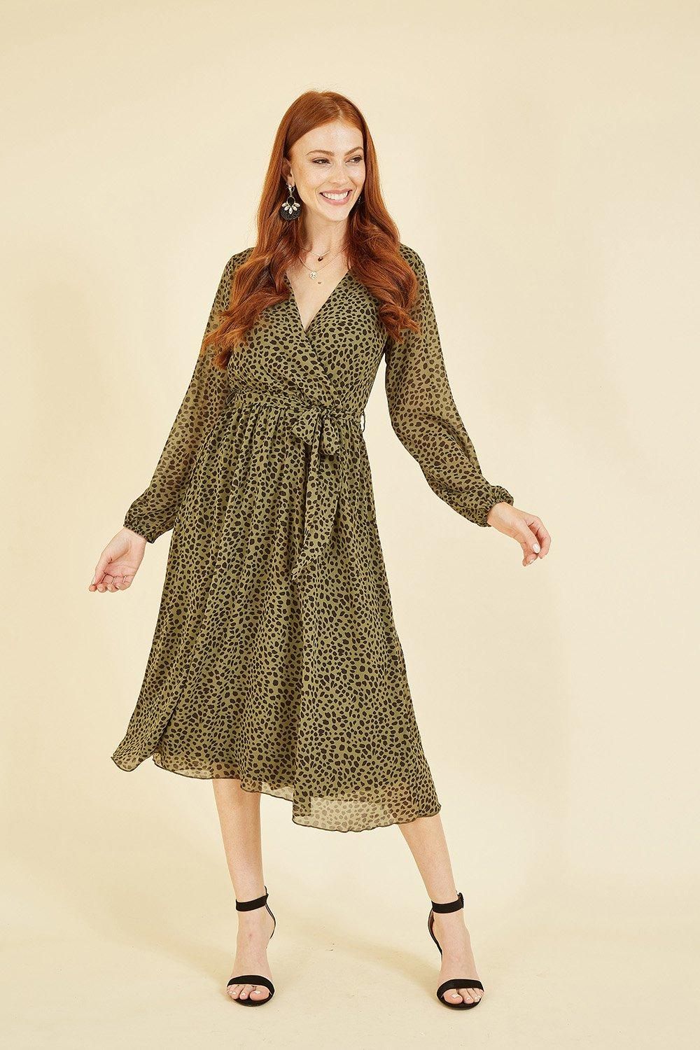 Khaki Animal Print Long Sleeve Midi Dress