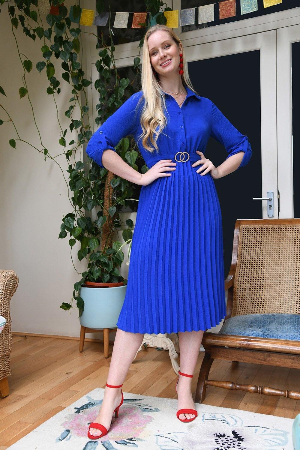Mela Blue Pleated Skirt Midi Dress With Gold Buckle
