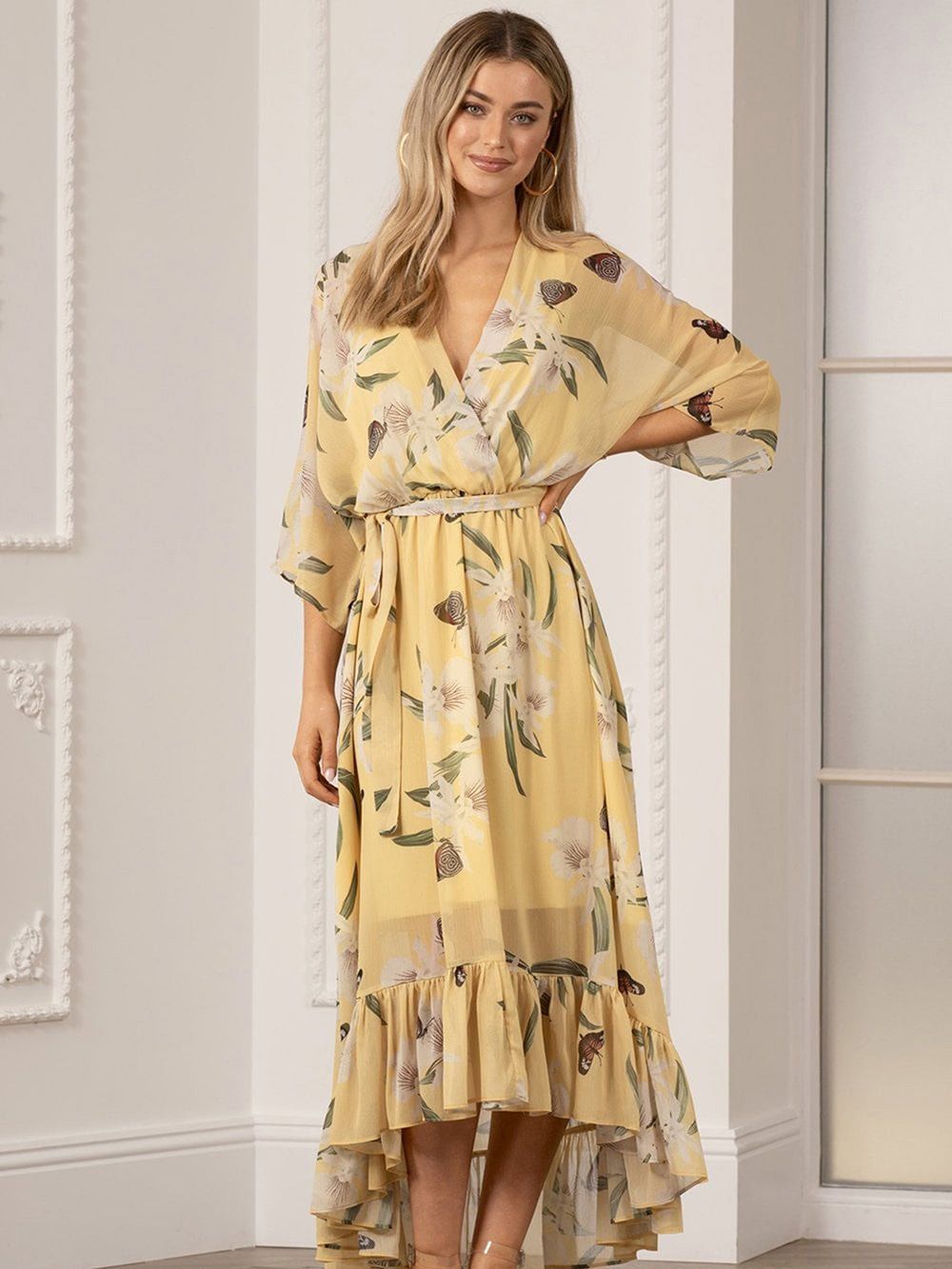 Yelloa Floral Kimono Sleeves Dip Hem Wrap Midi Dress