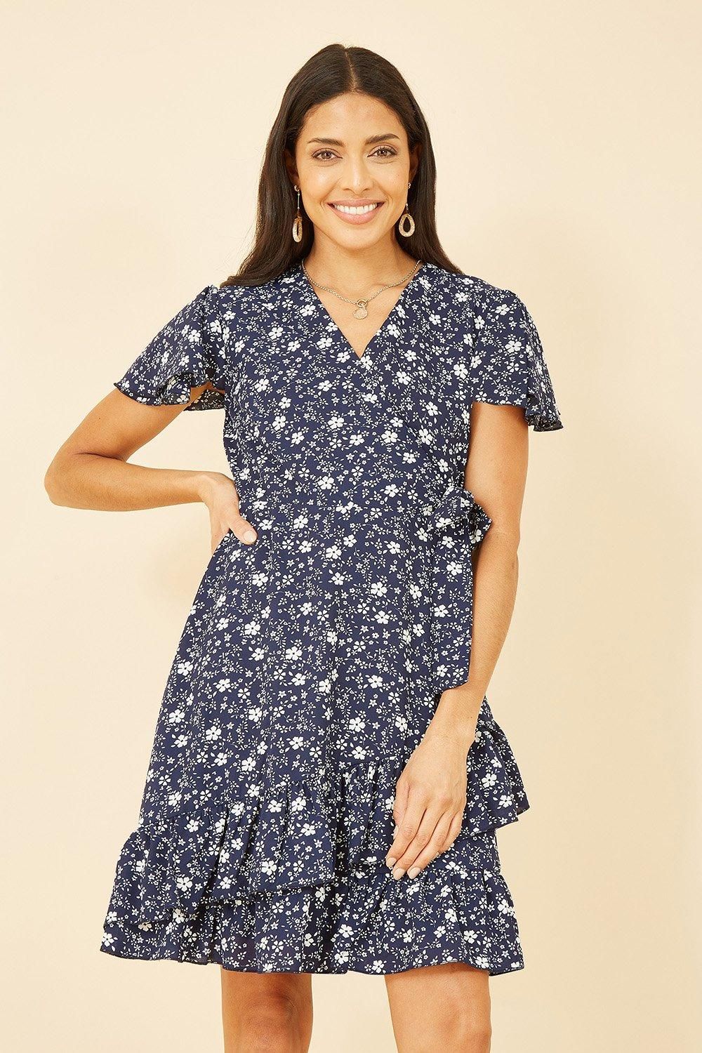 Navy Ditsy Floral Wrap Frill Dress