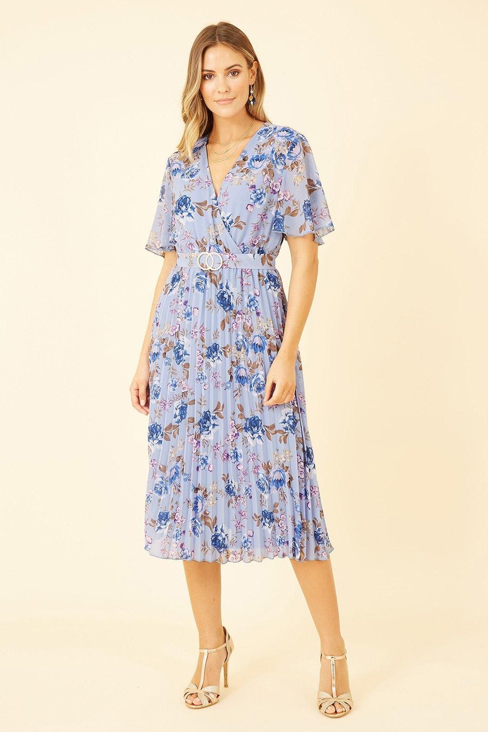 Mela Lilac Floral Pleated Skater Dress With Gold Buckle