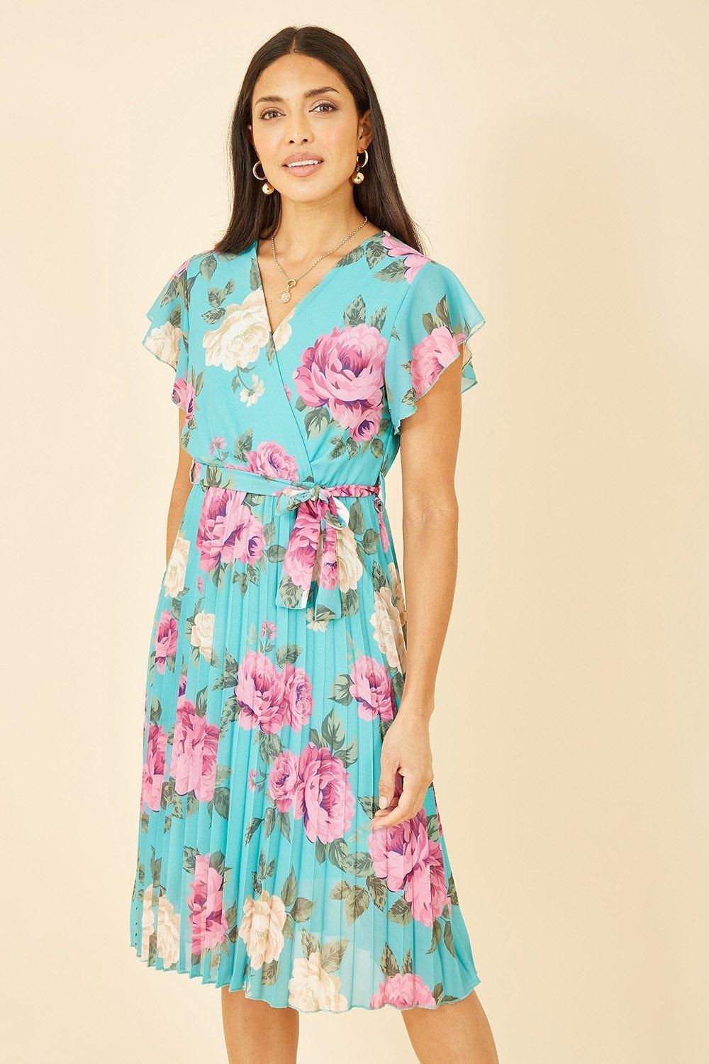 Green Floral Wrap Pleated Dress