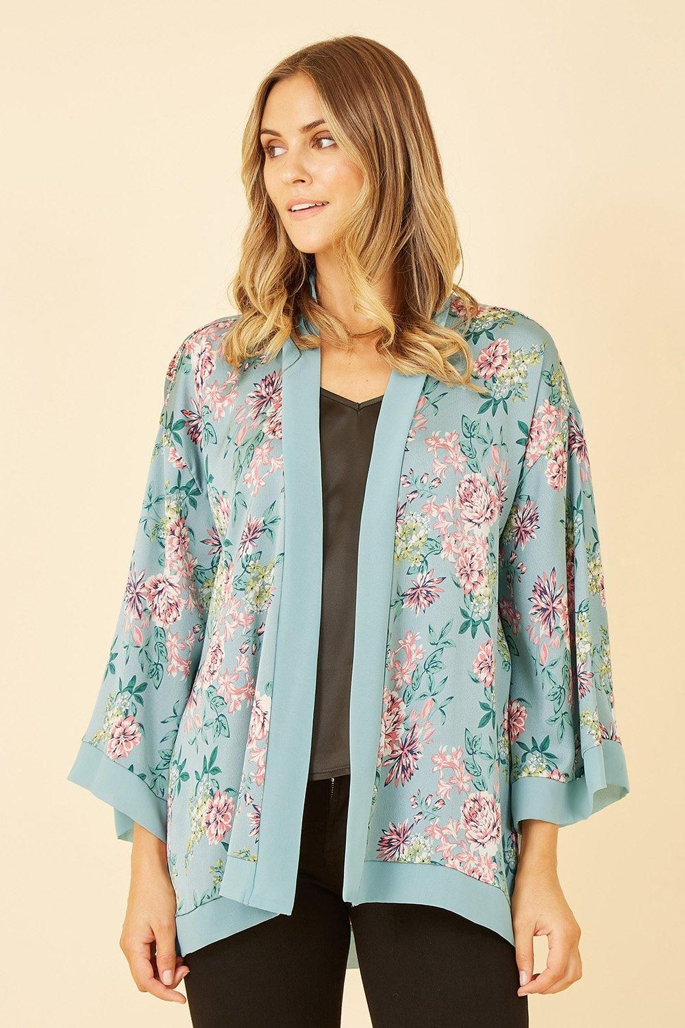 Green Floral Satin Kimono