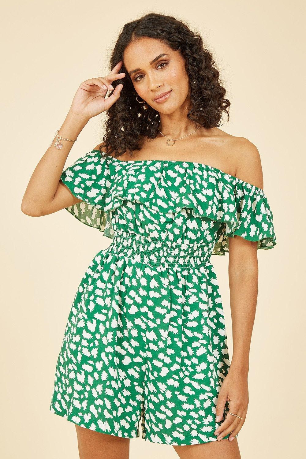 Green Splash Print Bardot Playsuit