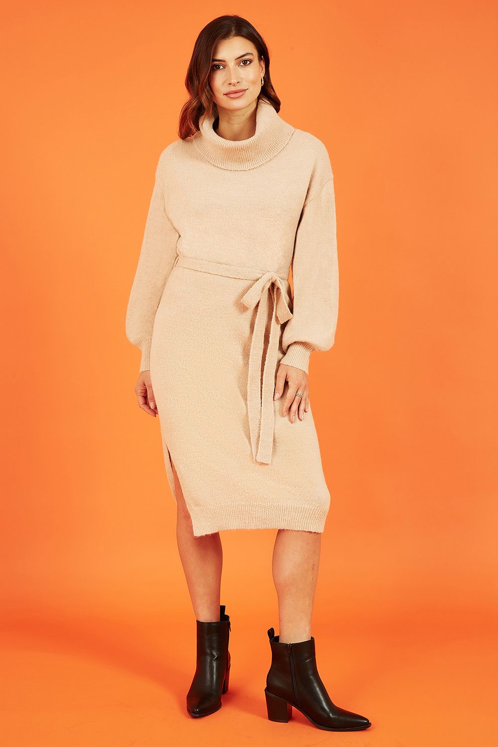 Beige Roll Neck Jumper Dress With Belt
