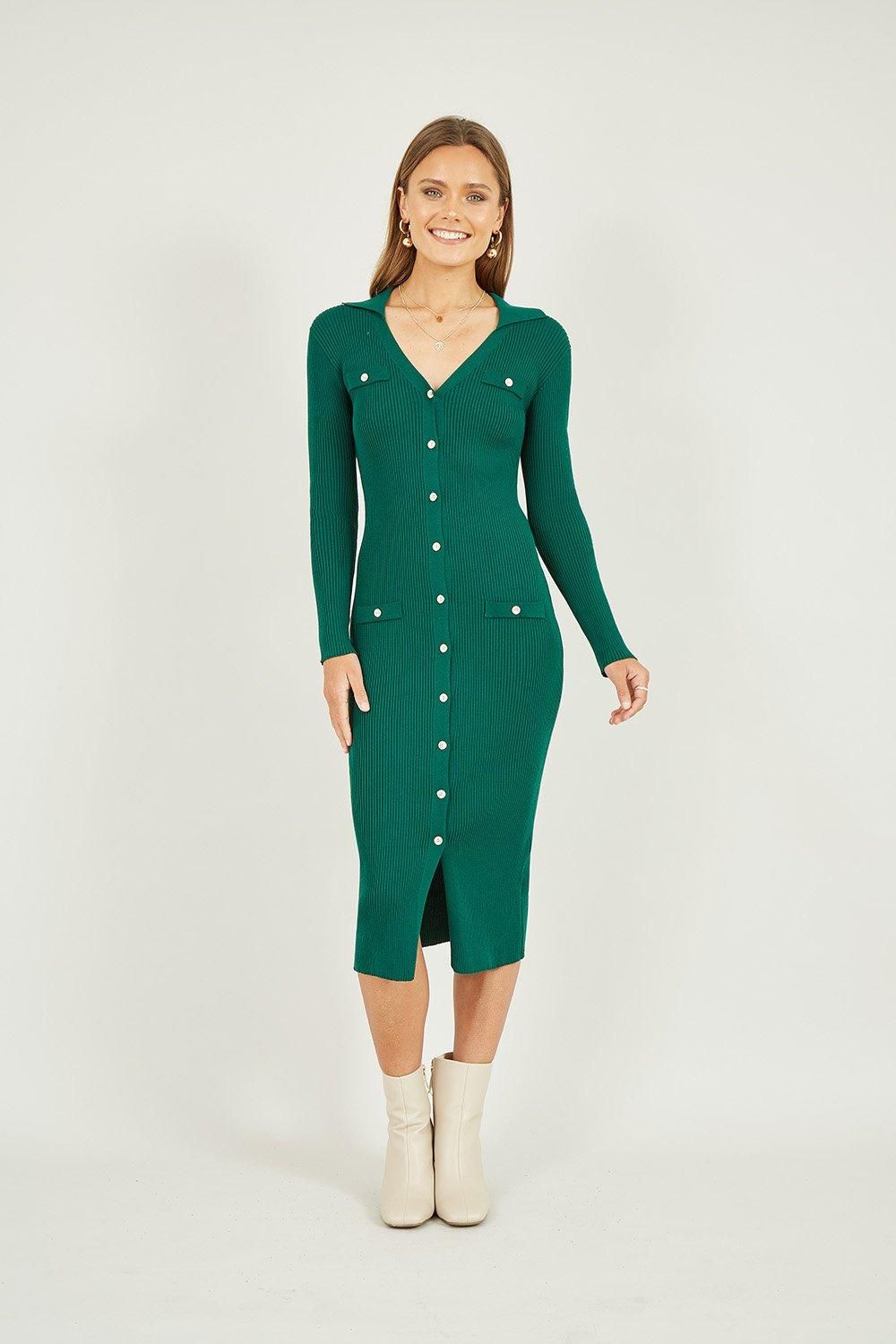 Green Knitted Fitted Midi Dress With Buttons