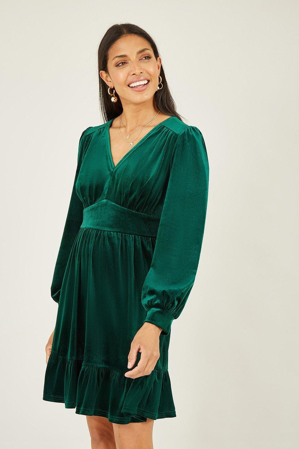 Green Velvet Long Sleeve Skater Dress