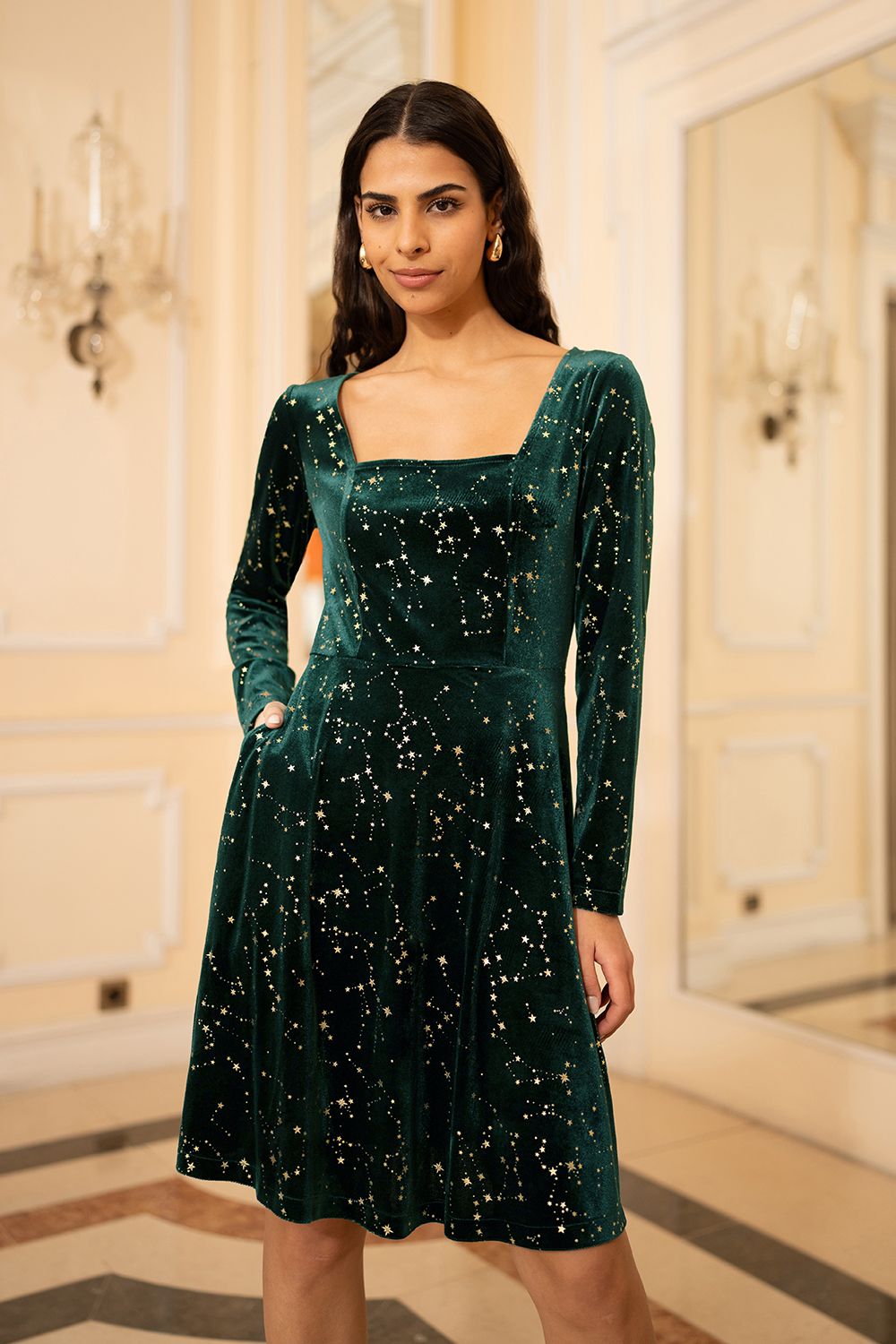 Green Star Foil Print Long Sleeve Skater Dress