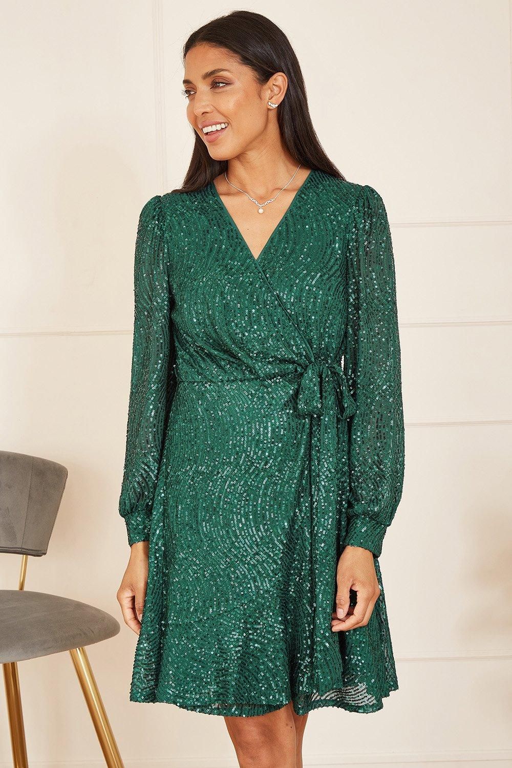 Green Sequin Long Sleeve Frill Wrap Dress
