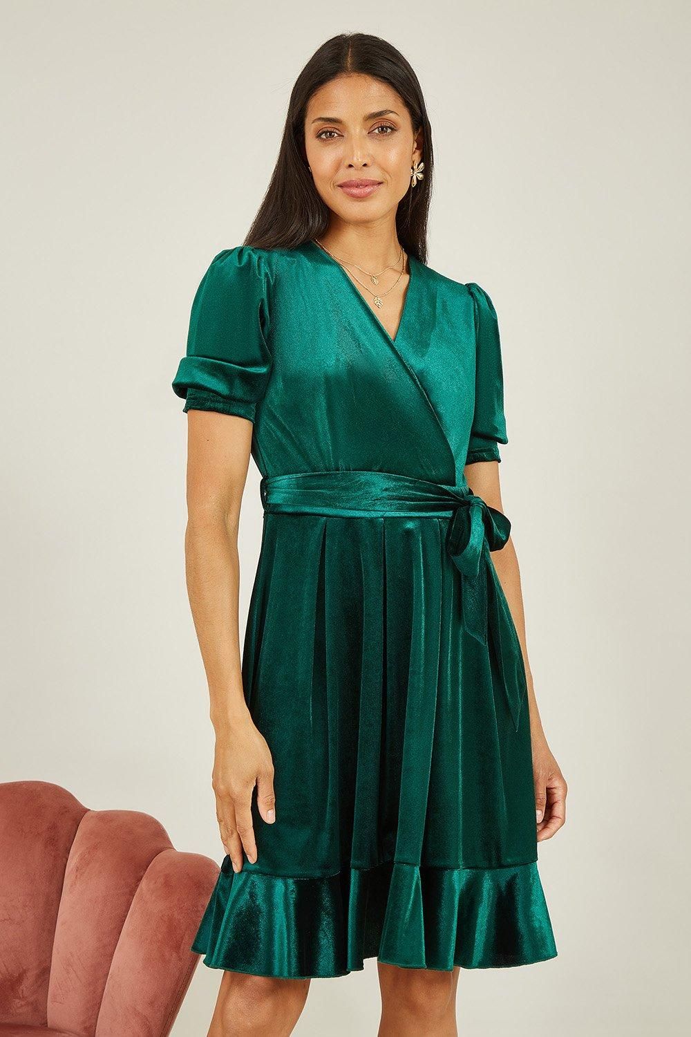Green Velvet Wrap Skater Dress With Bow Belt