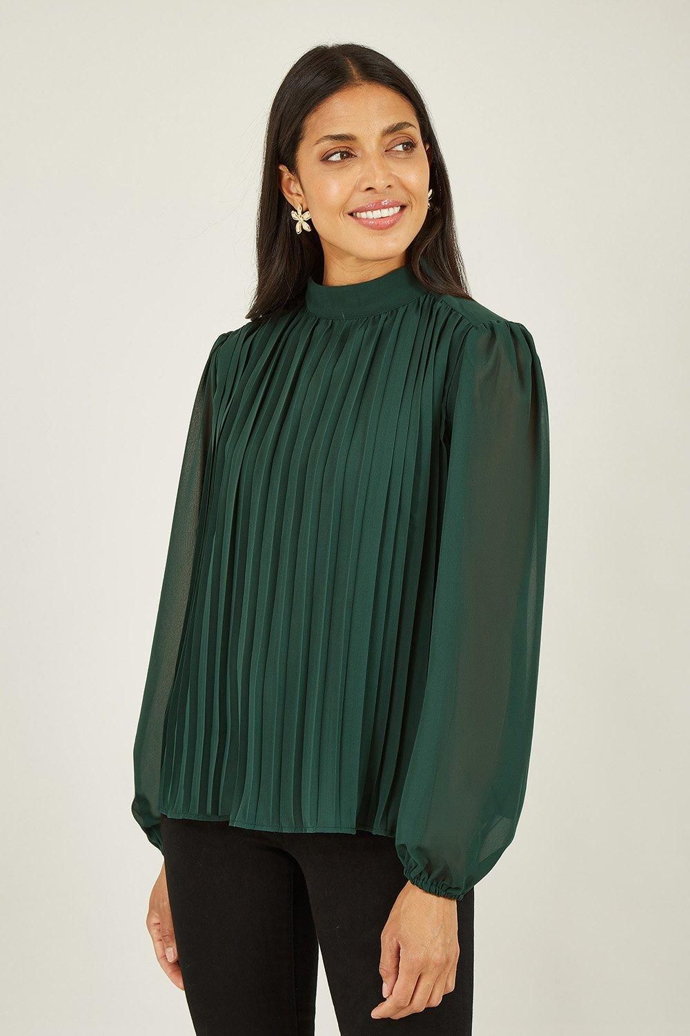 Green Pleated Long Sleeve Top With High Neck