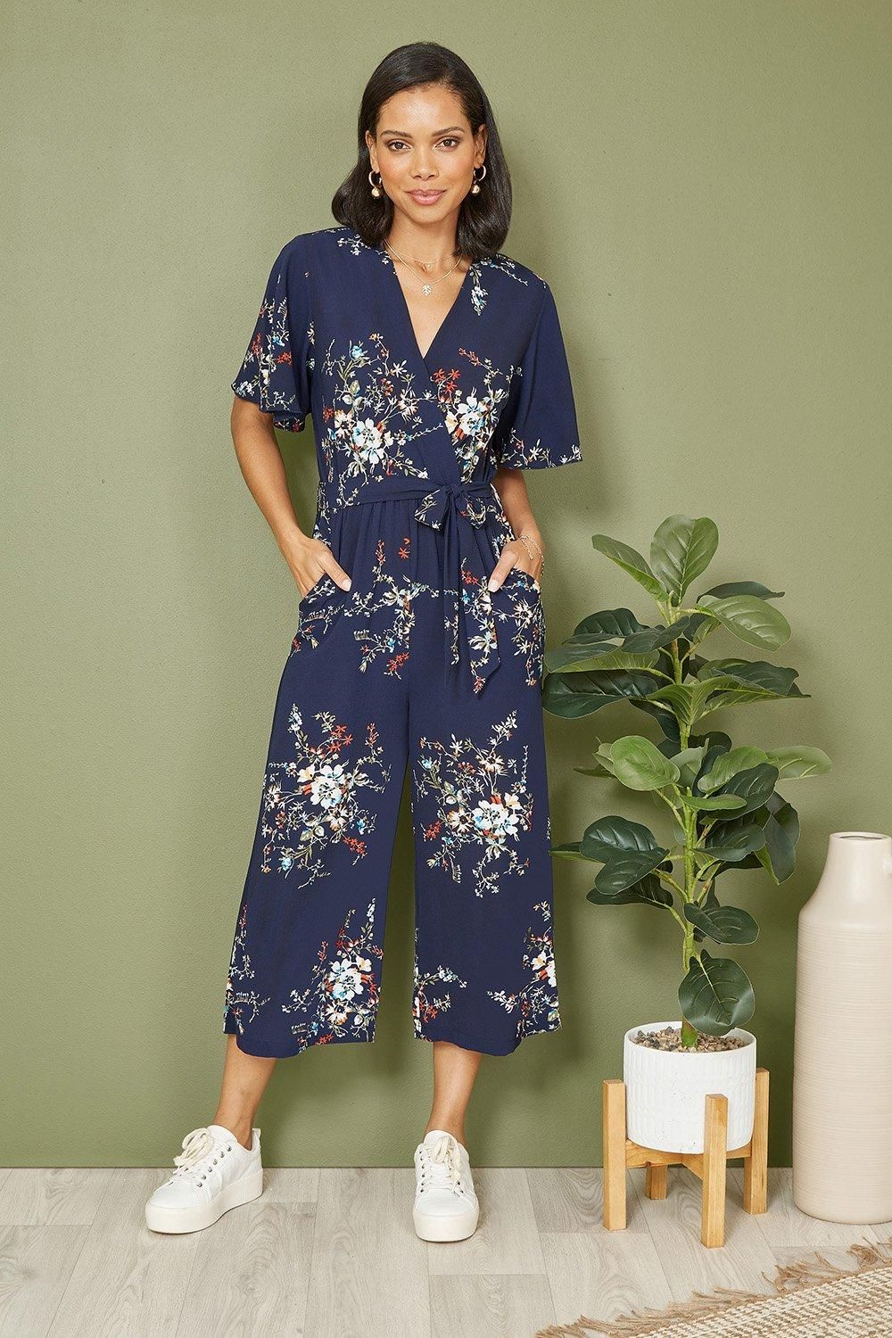 Navy Floral Print Jumpsuit With Angel Sleeves