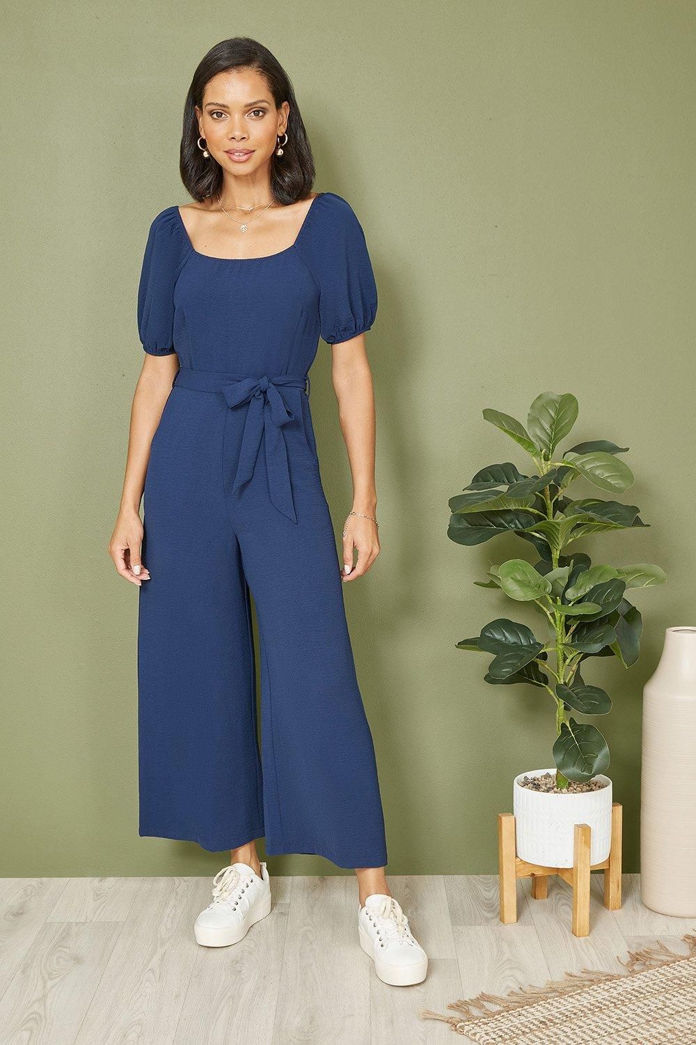 Navy Square Neck Puff Sleeve Culotte Jumpsuit