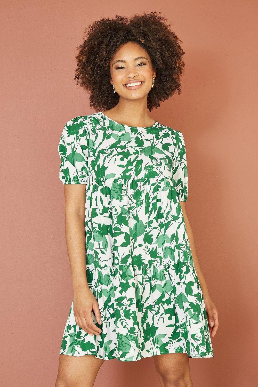 Green Leaf Print Tunic Skater Dress