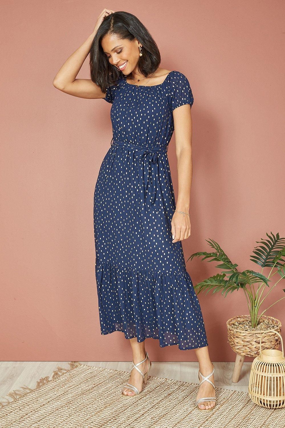 Navy Foil Print Bardot Midi Dress