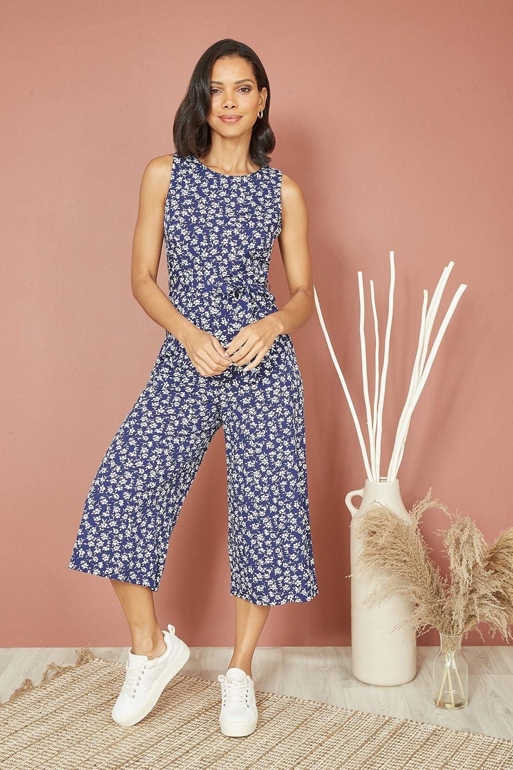 Navy Ditsy Print Culotte Jumpsuit