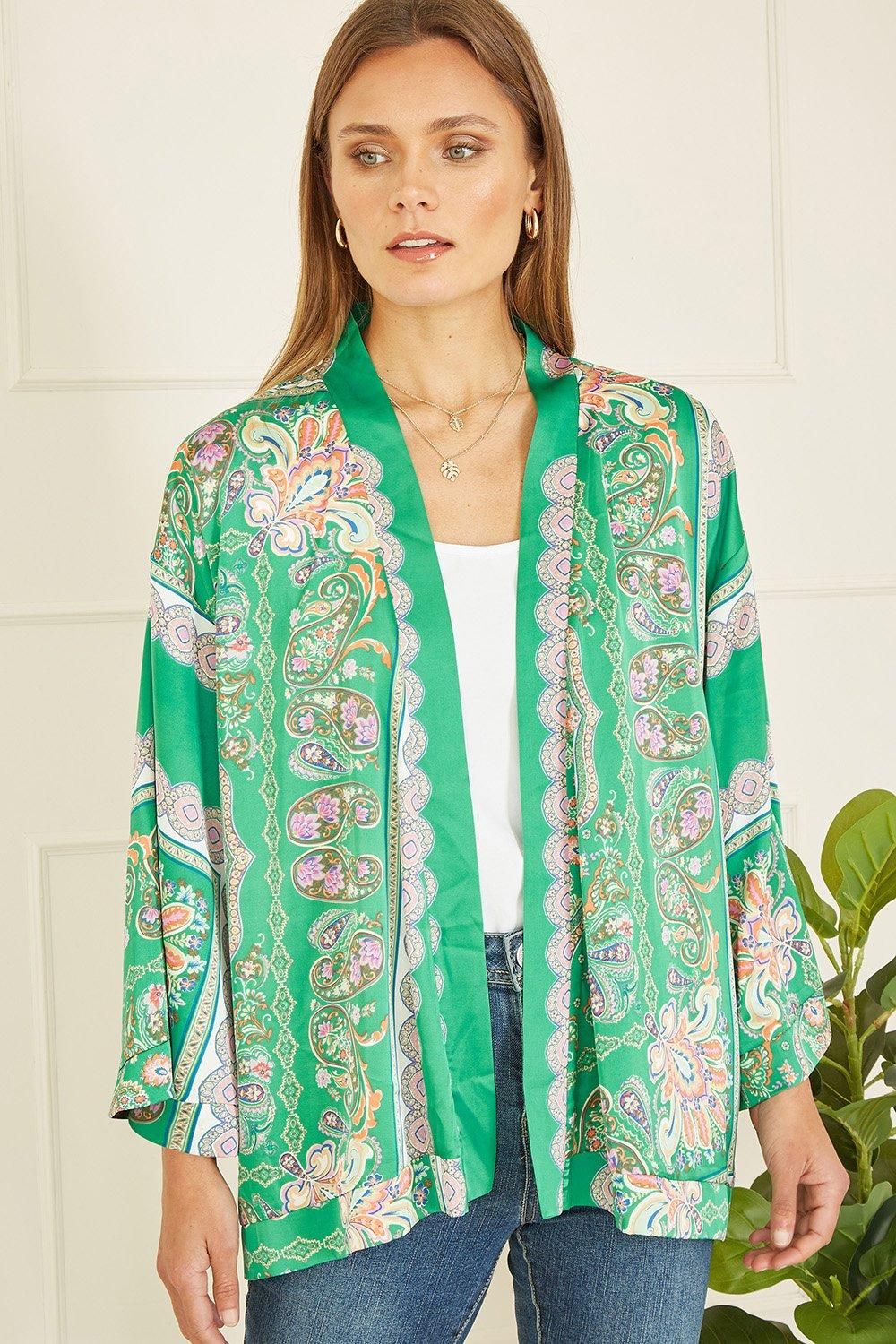 Green Paisley Print Satin Kimono