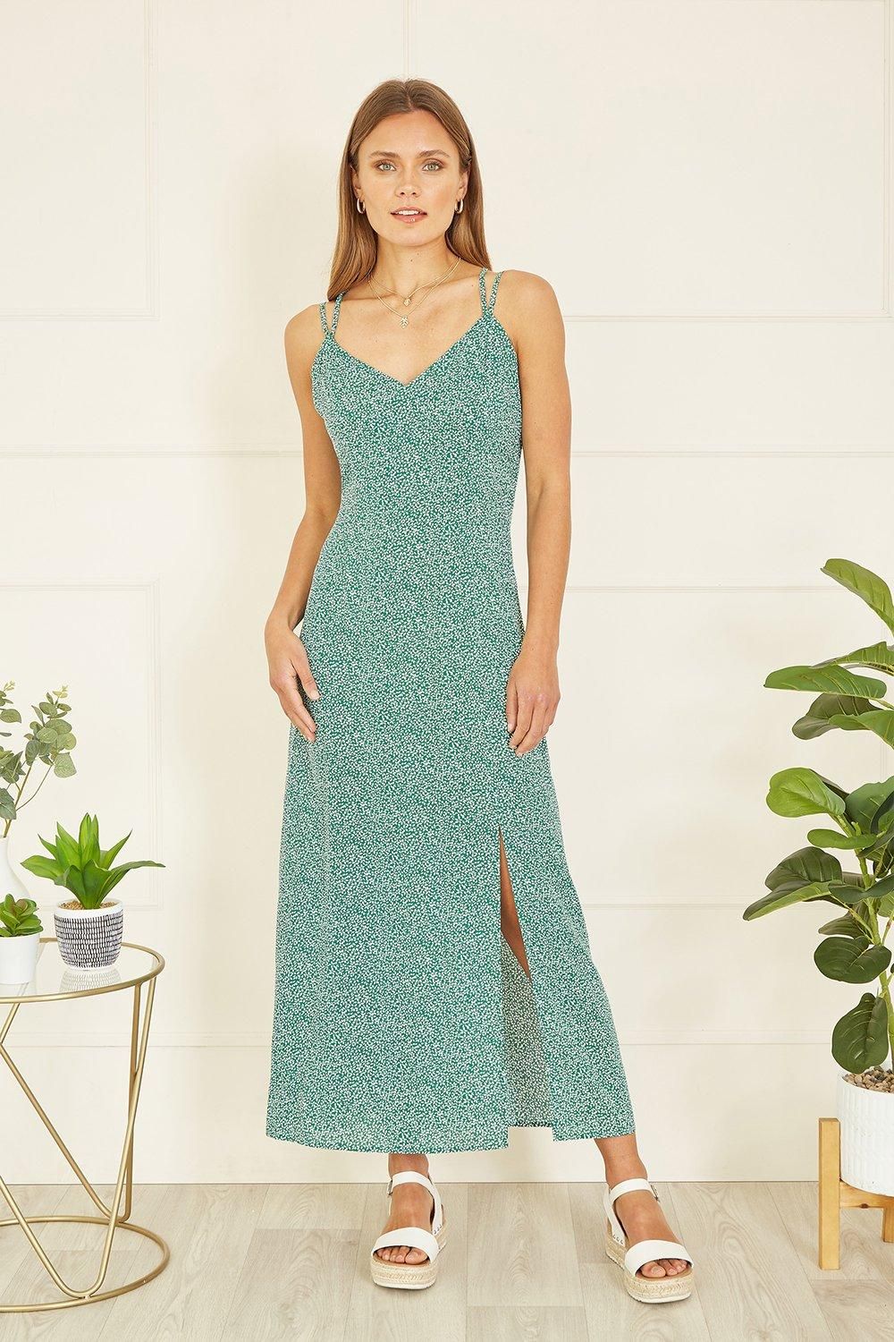 Green Ditsy Print Midi Dress With Side Split