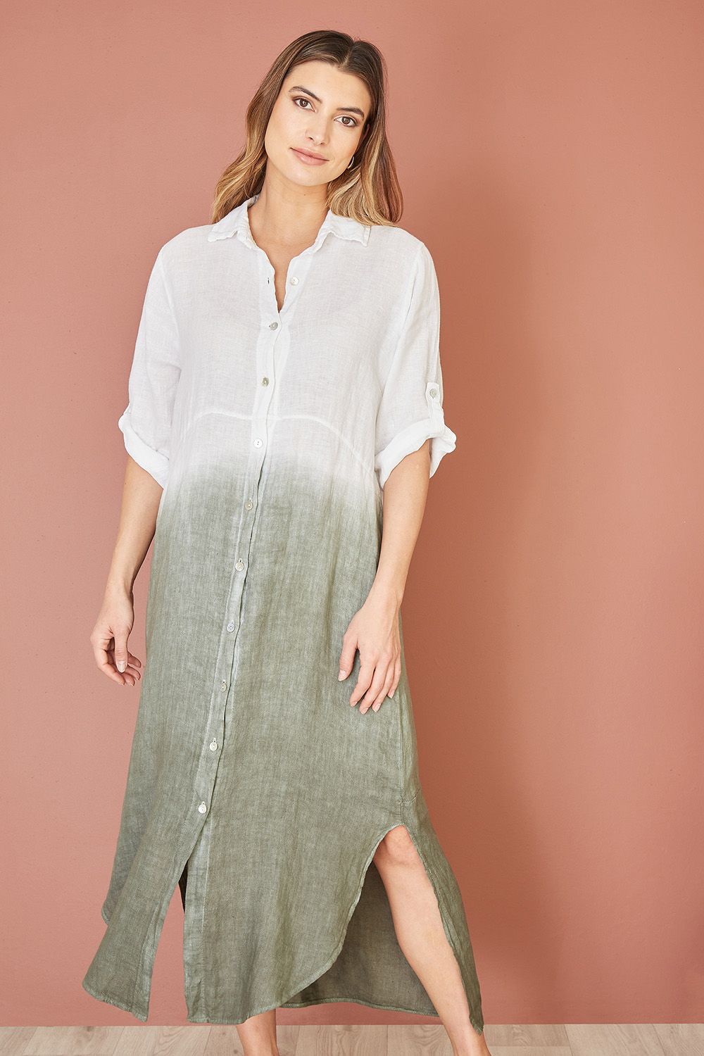 White Italian Linen Hand Dip Dyed Midi Shirt Dress With Turn Up Sleeves
