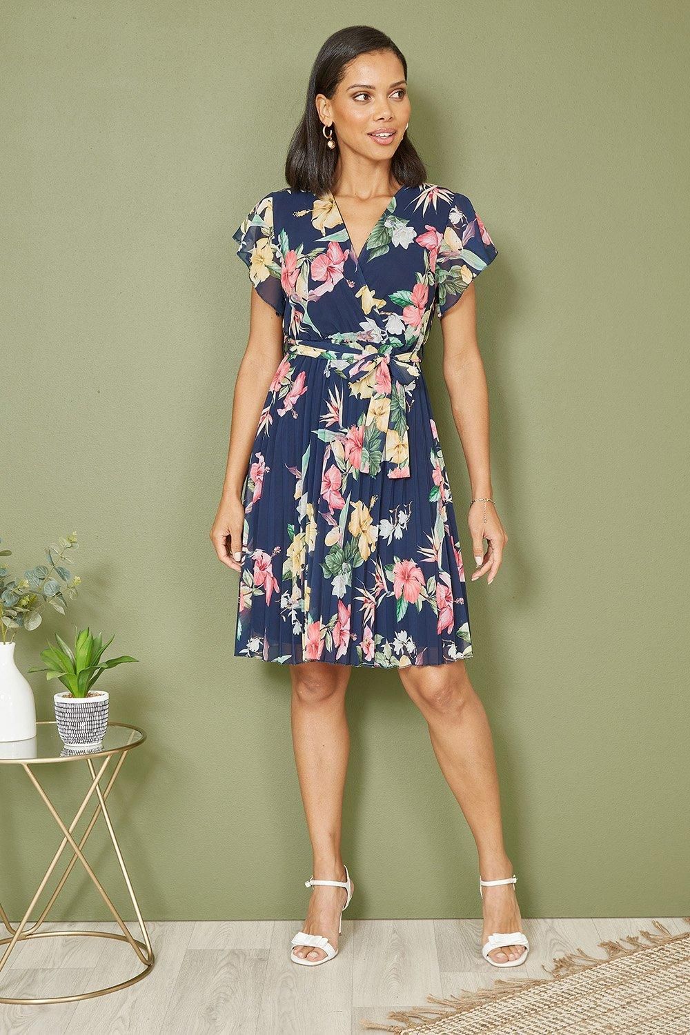 Navy Floral Print Pleated Wrap Skater Dress