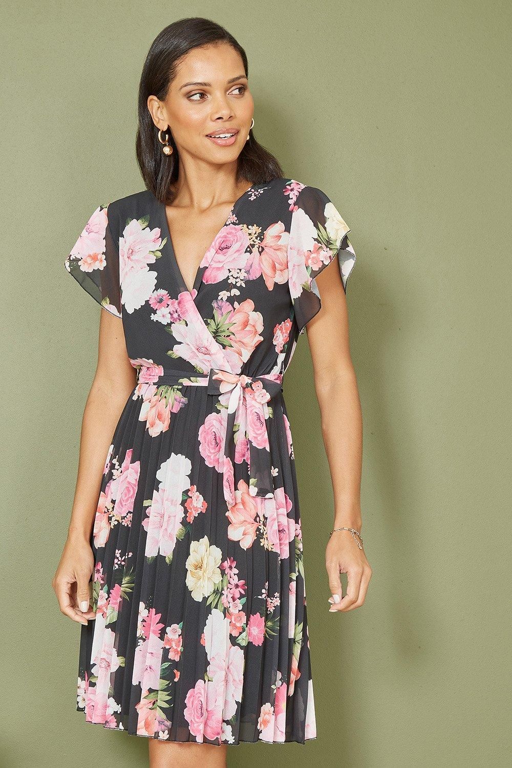Black Floral Print Pleated Wrap Skater Dress