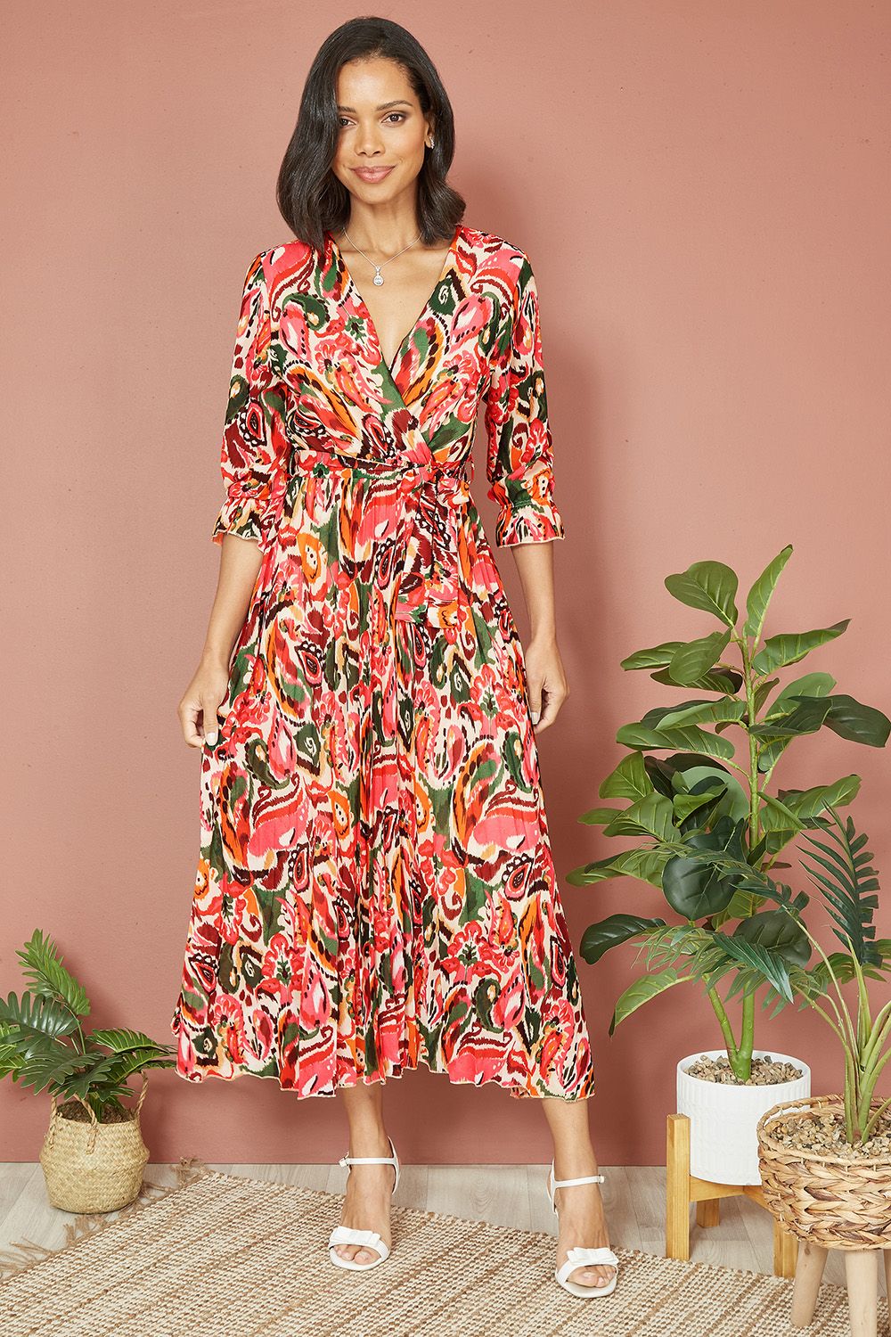 Pink Paisley Pleated Midi Dress With Pleats