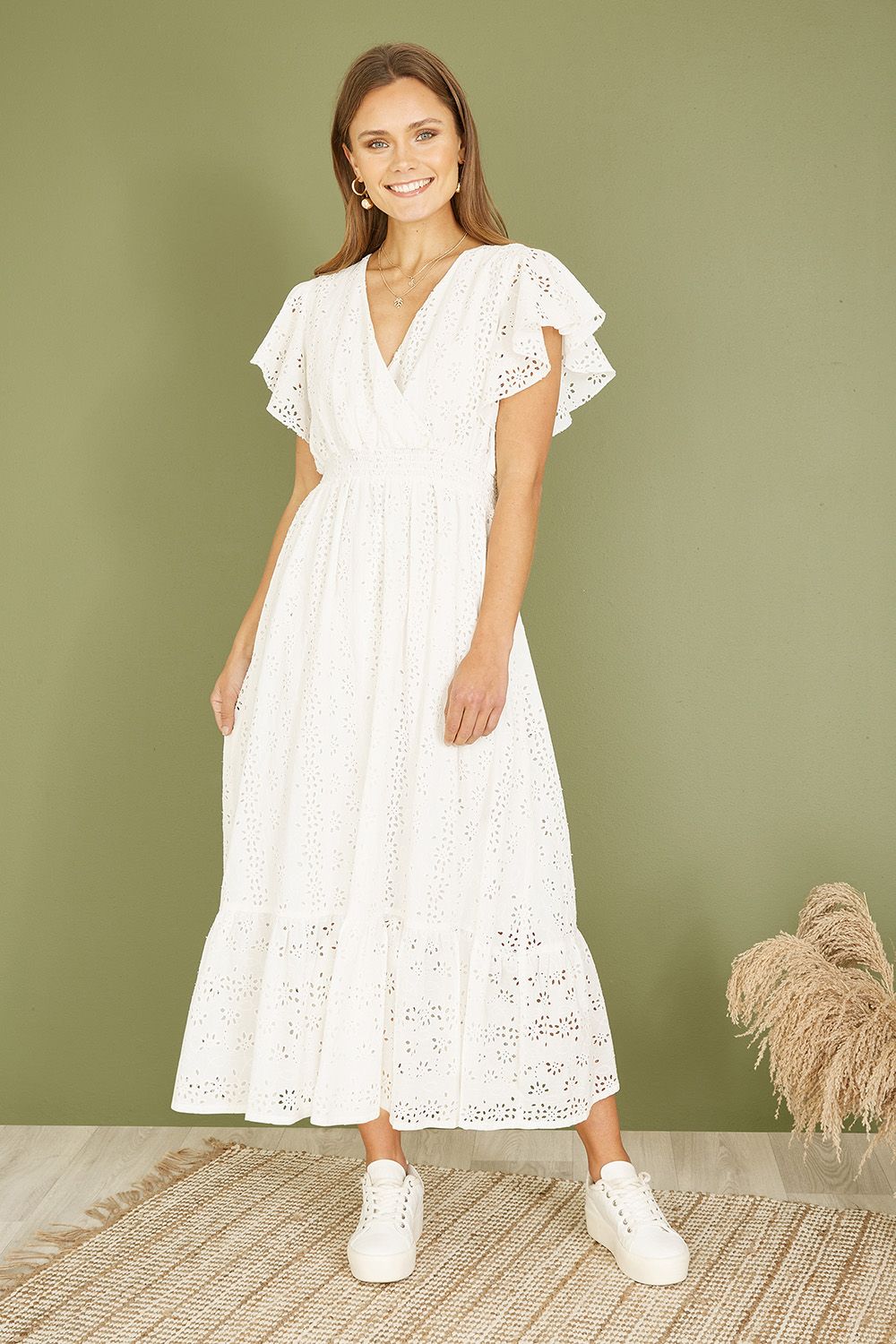 White Organic Cotton Broderie Anglaise Wrap Midi Dress