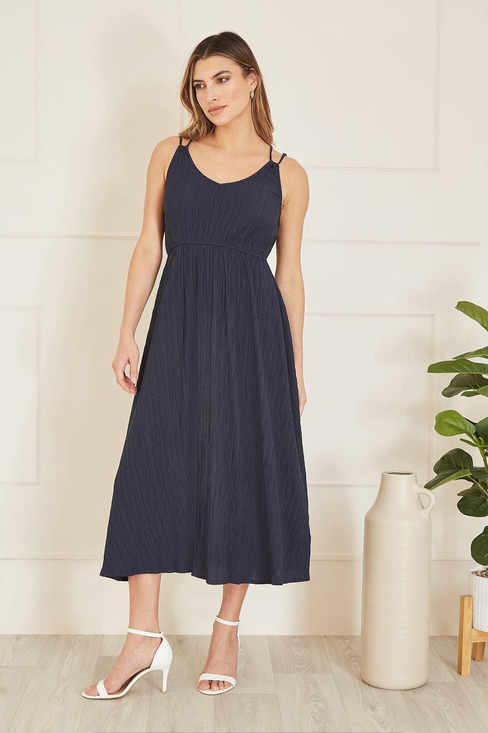 Navy Stretch Crinkle Midi Dress With Cross Over Strappy Back