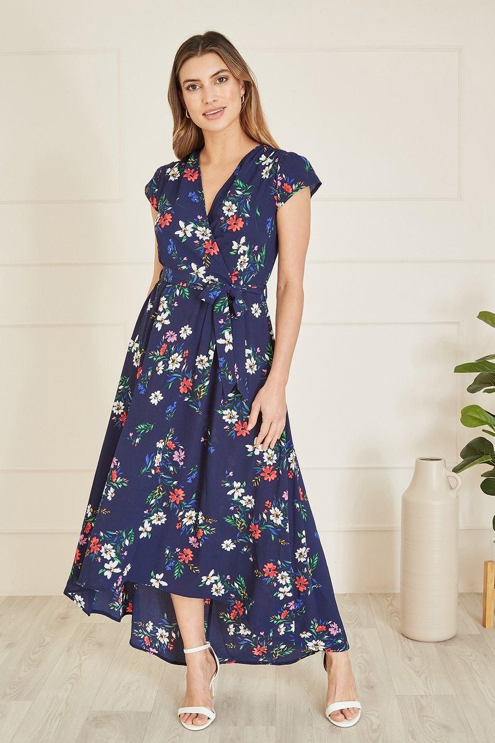 Navy Daisy Print Wrap Over Midi Dress With Dipped Hem