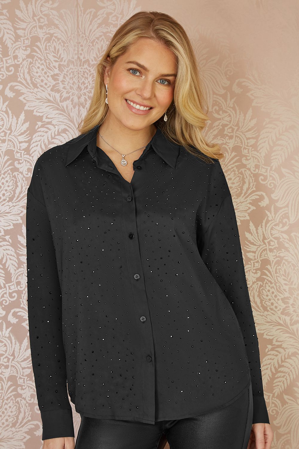 Black All Over Gem Long Sleeve Shirt