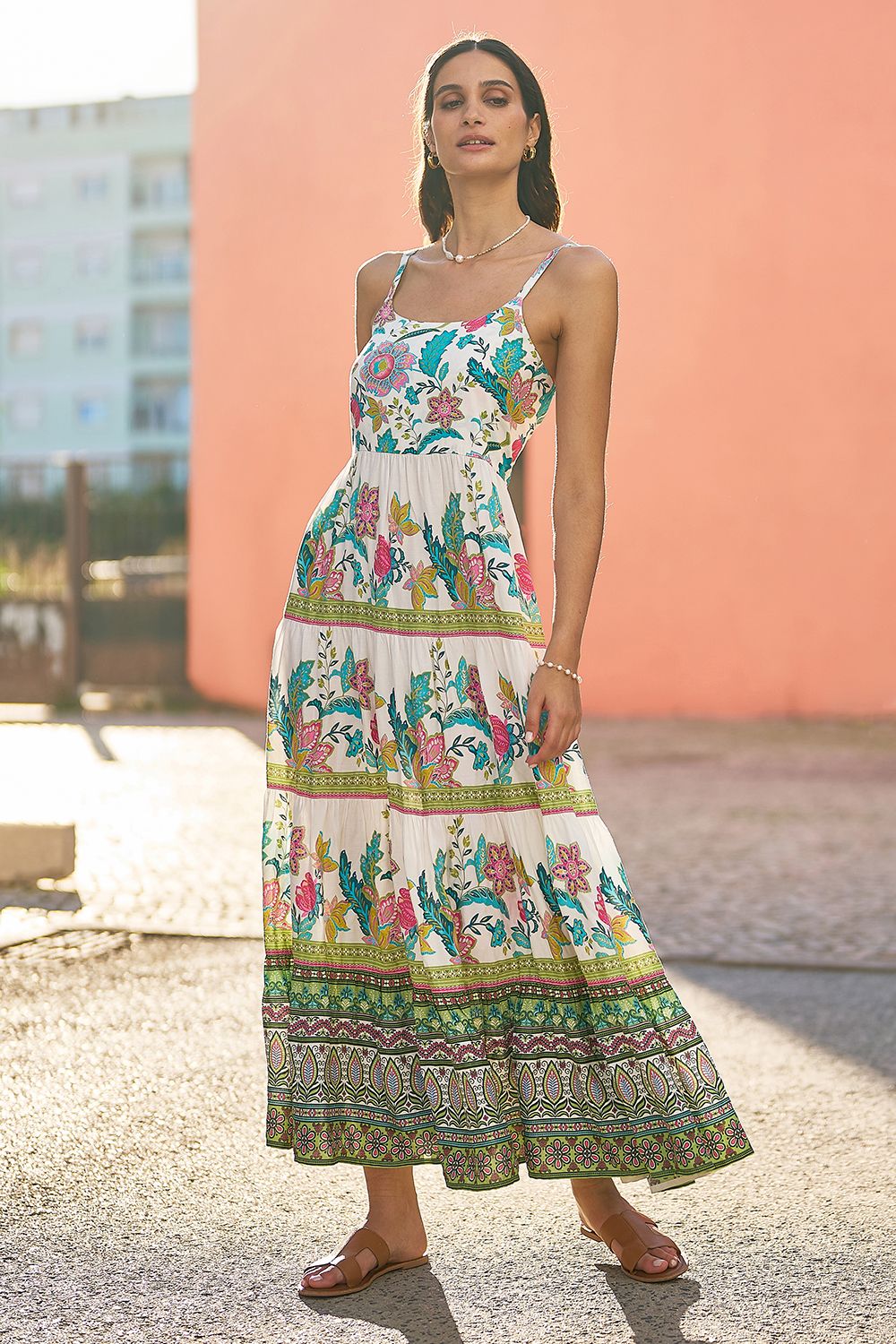 White Floral Block Print Tiered Maxi Sun Dress