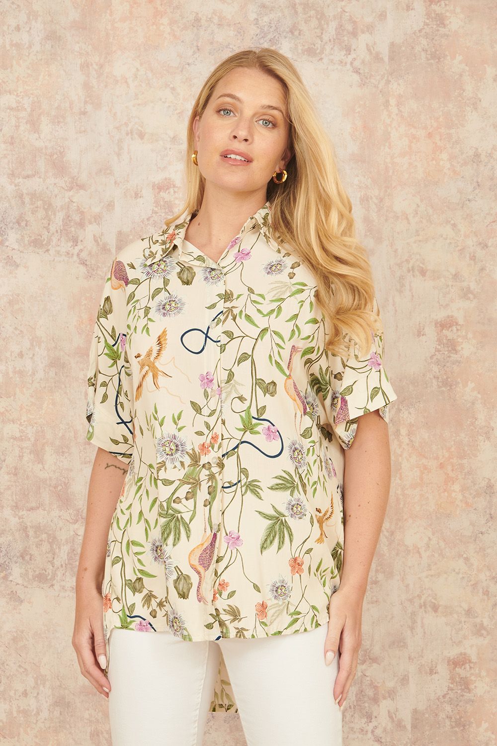 Beige Relaxed Fit Shirt With Botanical Print