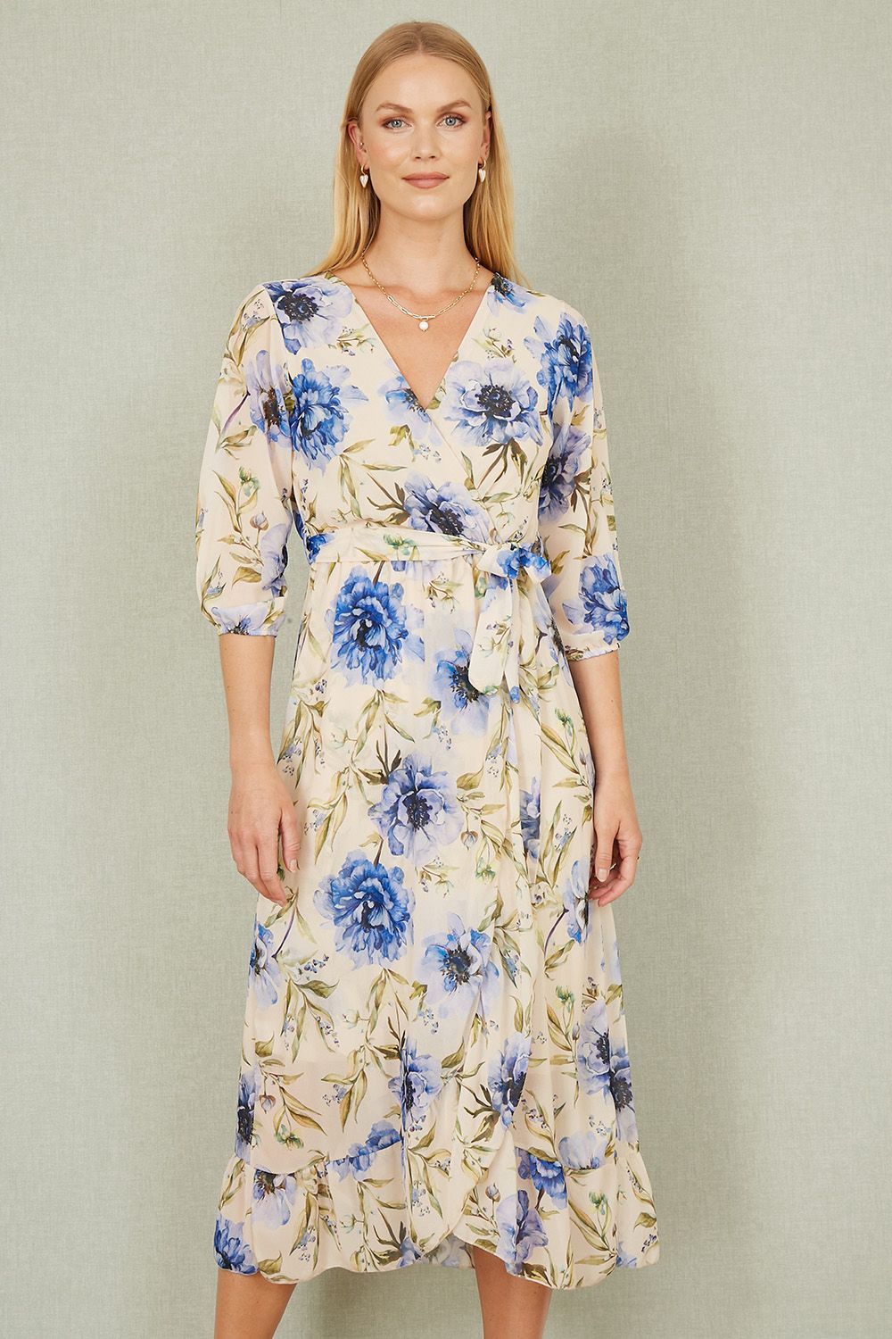 Cream Vintage Floral Wrap Midi Dress With Frill
