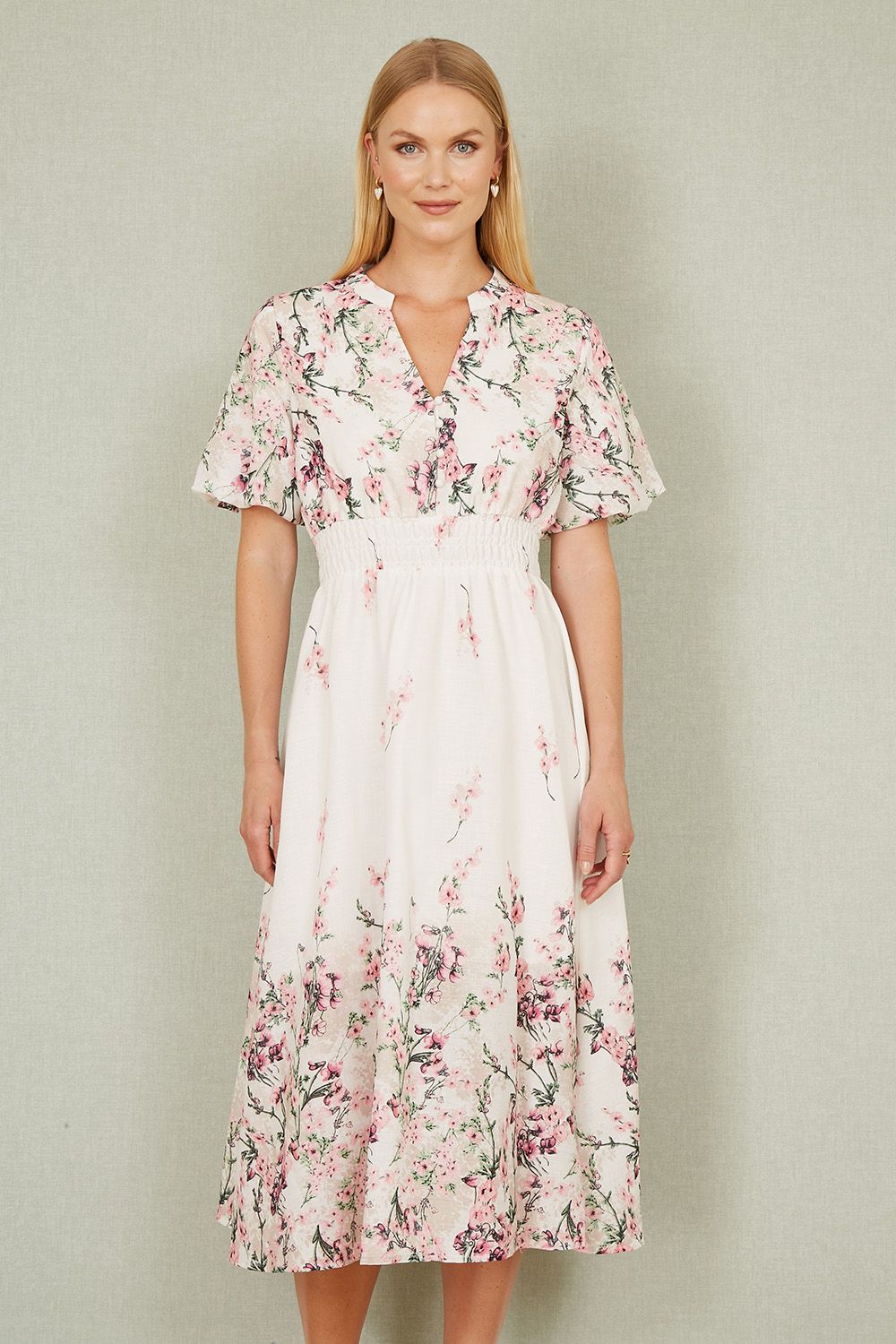 White Mirrored Floral Button Up Midi Dress With Ruched Waist