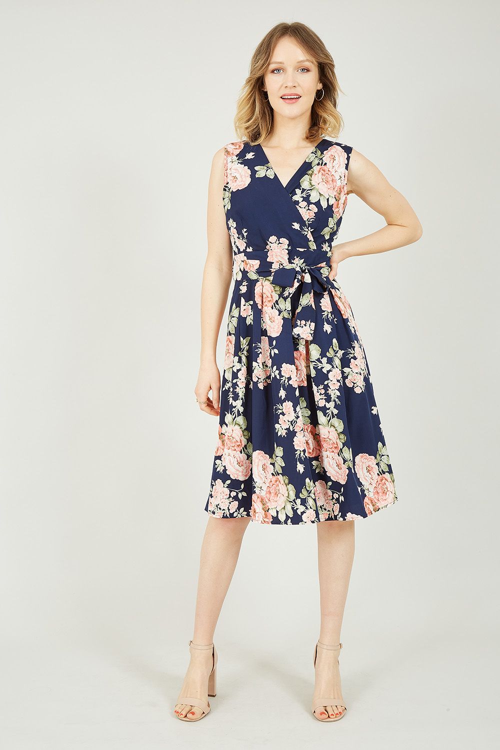 Navy Rose Printed Wrap Over Sleeveless Skater Dress