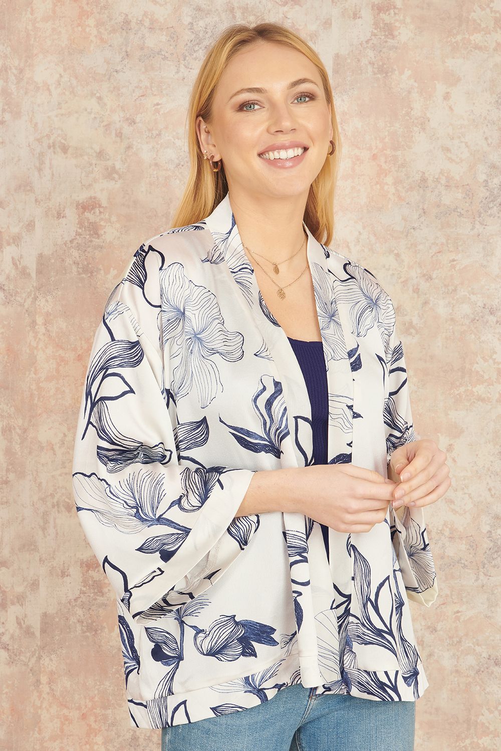 White Abstract Floral Print Kimono