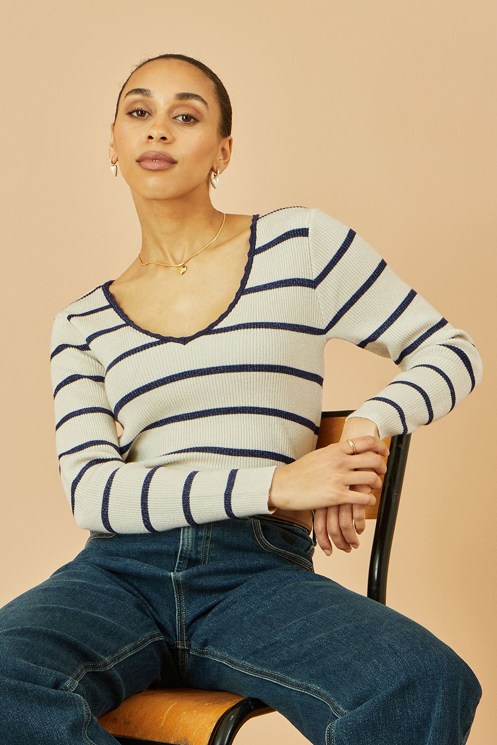 White Metallic Stripe Knitted Ribbed Top